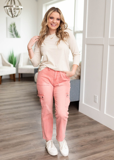 Front view of rose pink jeans