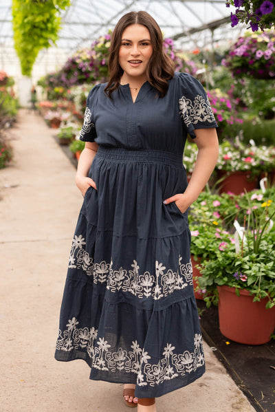 Plus size navy embroidered detail dress with pockets