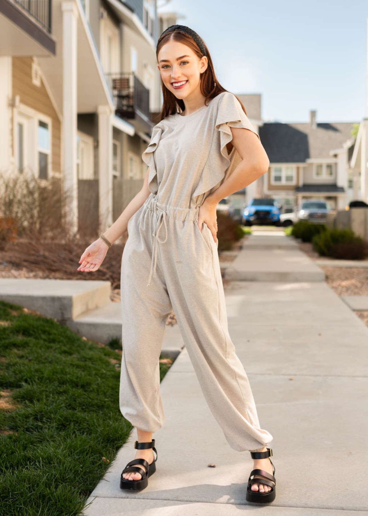 Taupe drawstring jumpsuit with pockets