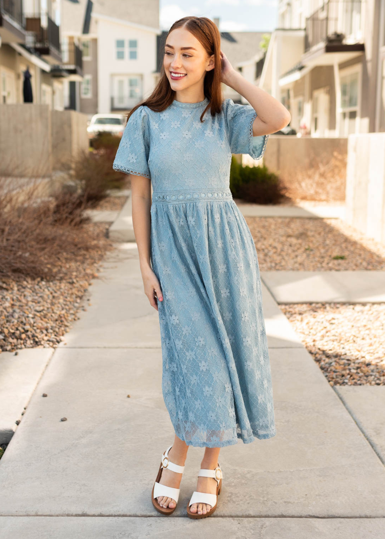 Dusty blue corded lace dress with short sleeves
