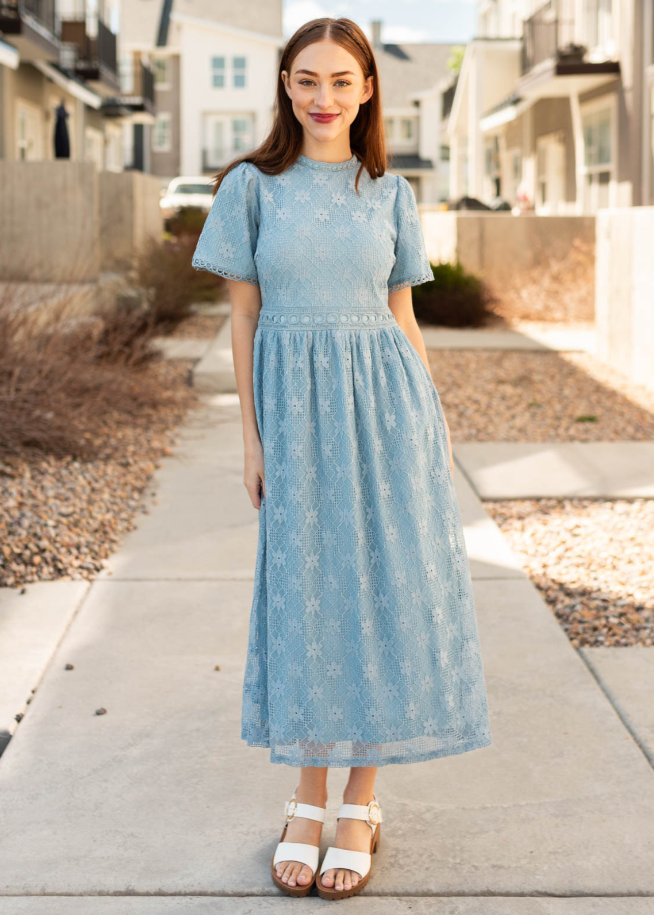 Short sleeve dusty blue corded lace dress