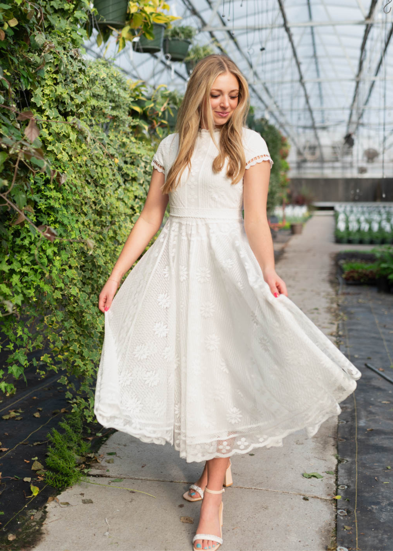 Short sleeve ivory lace dress with a-line skirt