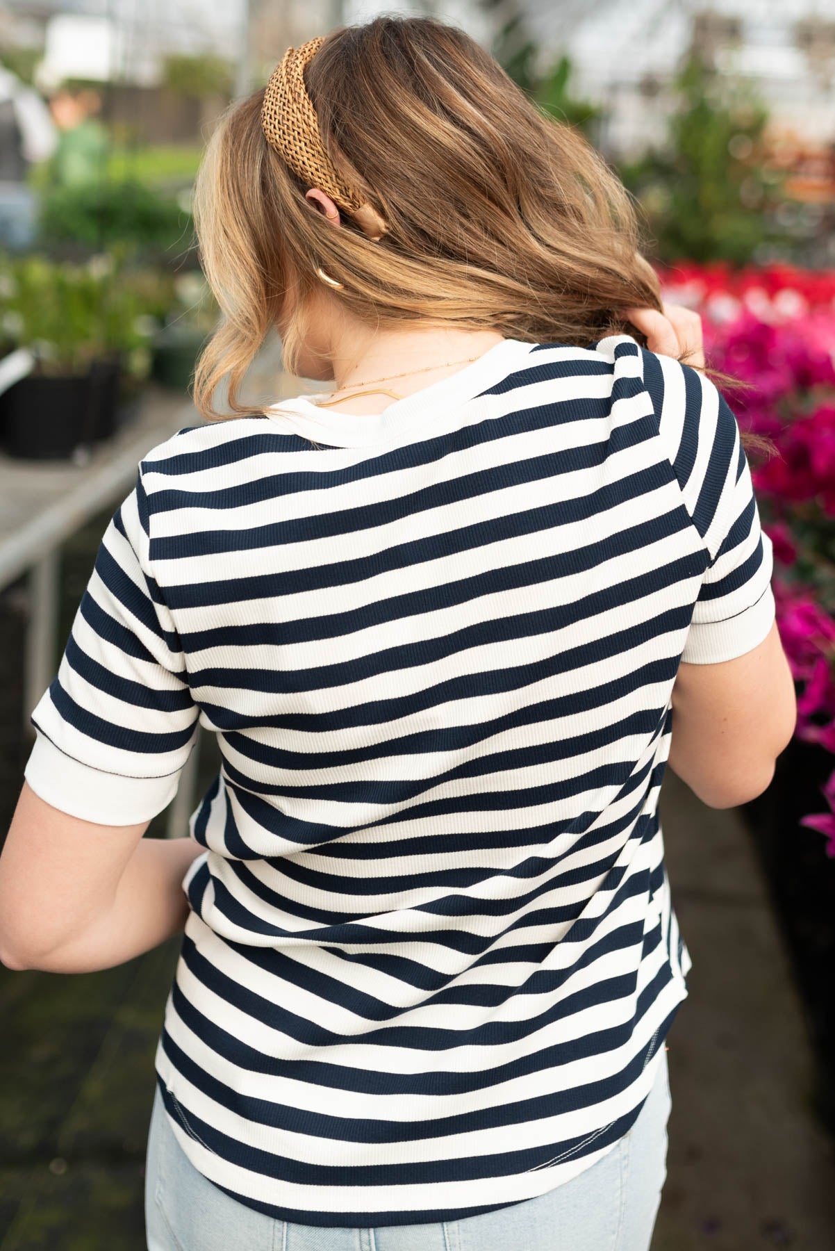 Back view of the navy stripe top