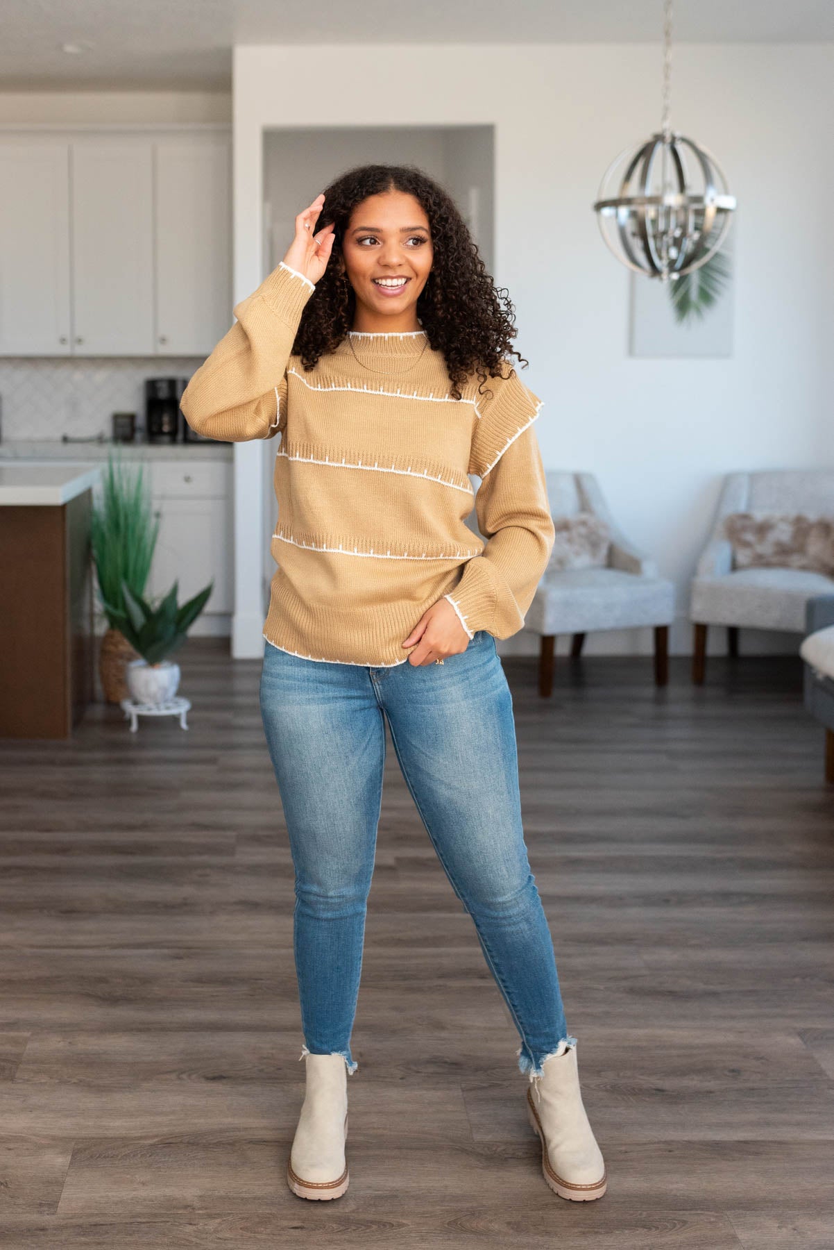 Small long sleeve taupe stripe sweater