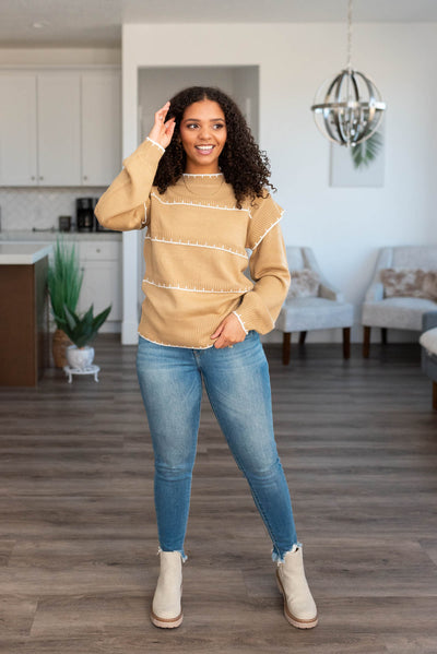 Small long sleeve taupe stripe sweater