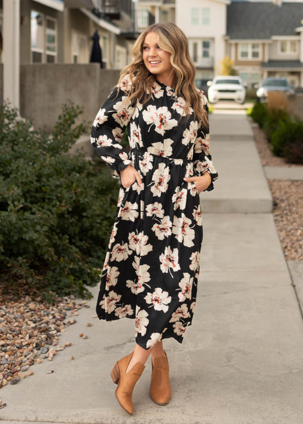 Black floral maxi dress with pockets