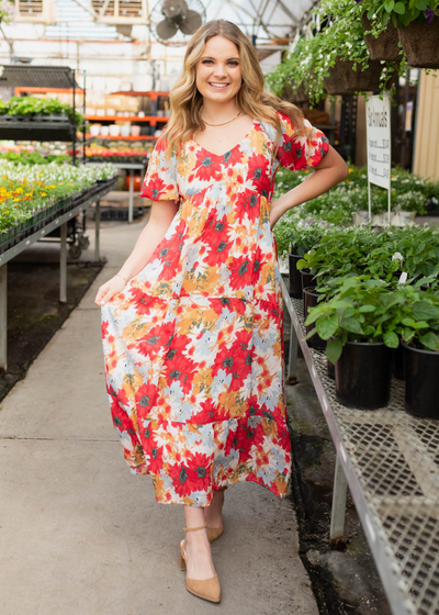 Red floral dress with short sleeves
