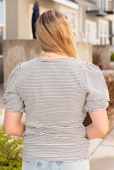 Back view of the stripe bubble sleeve top