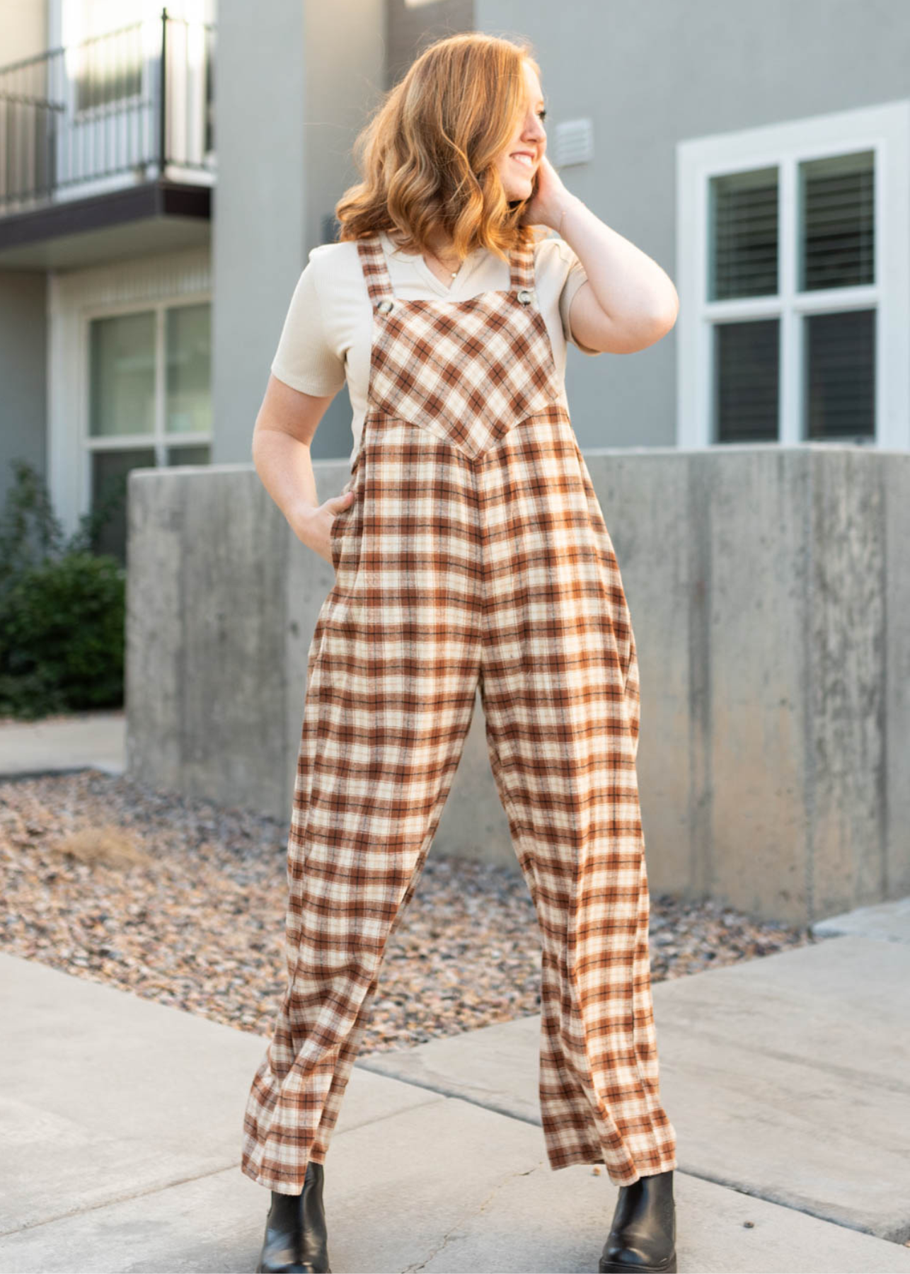 Wide leg camel plaid overalls with pockets