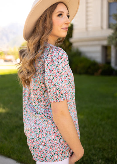 Side view of a blue floral top