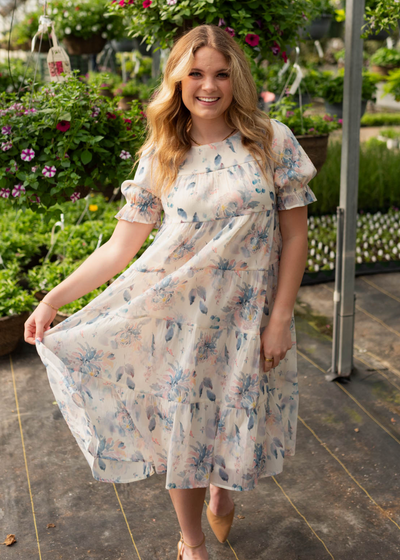 Blue floral puff sleeve dress with short sleeves