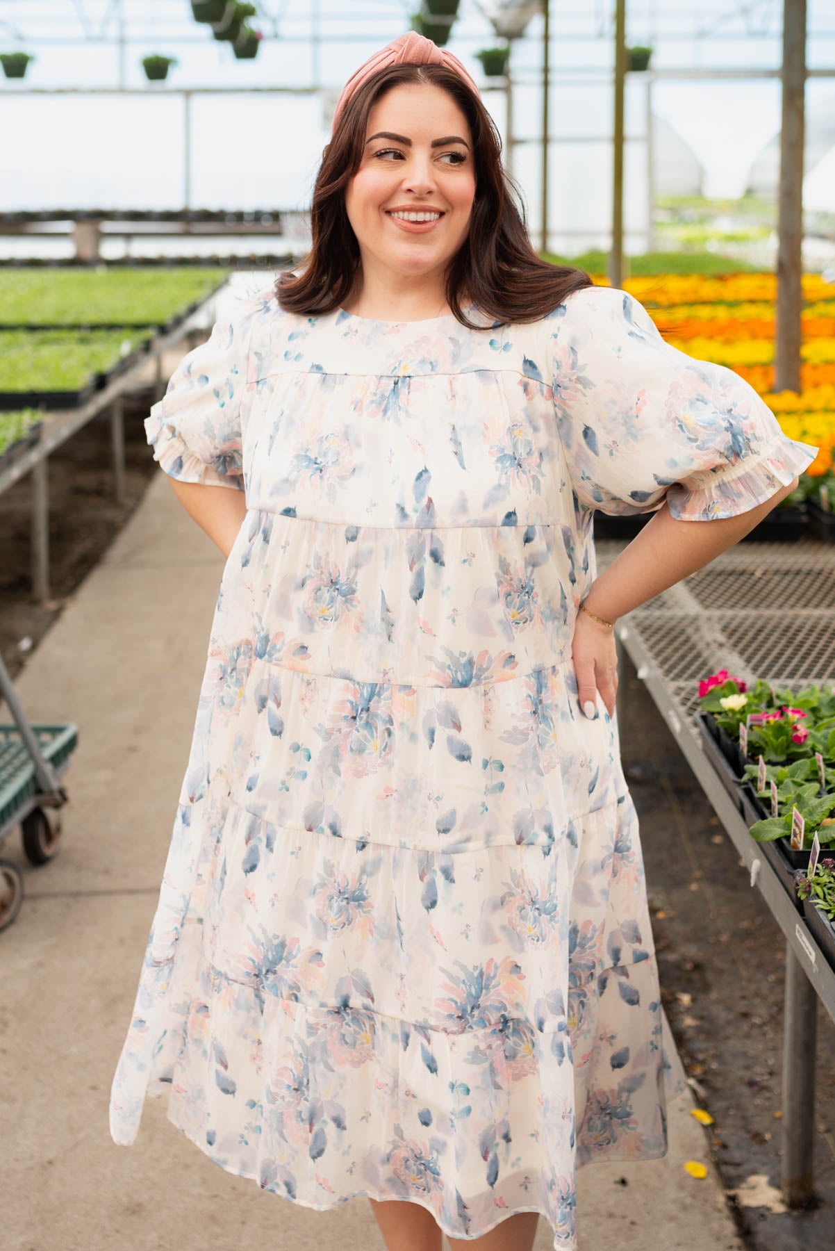 Short sleeve blue floral puff sleeve dress in plus size