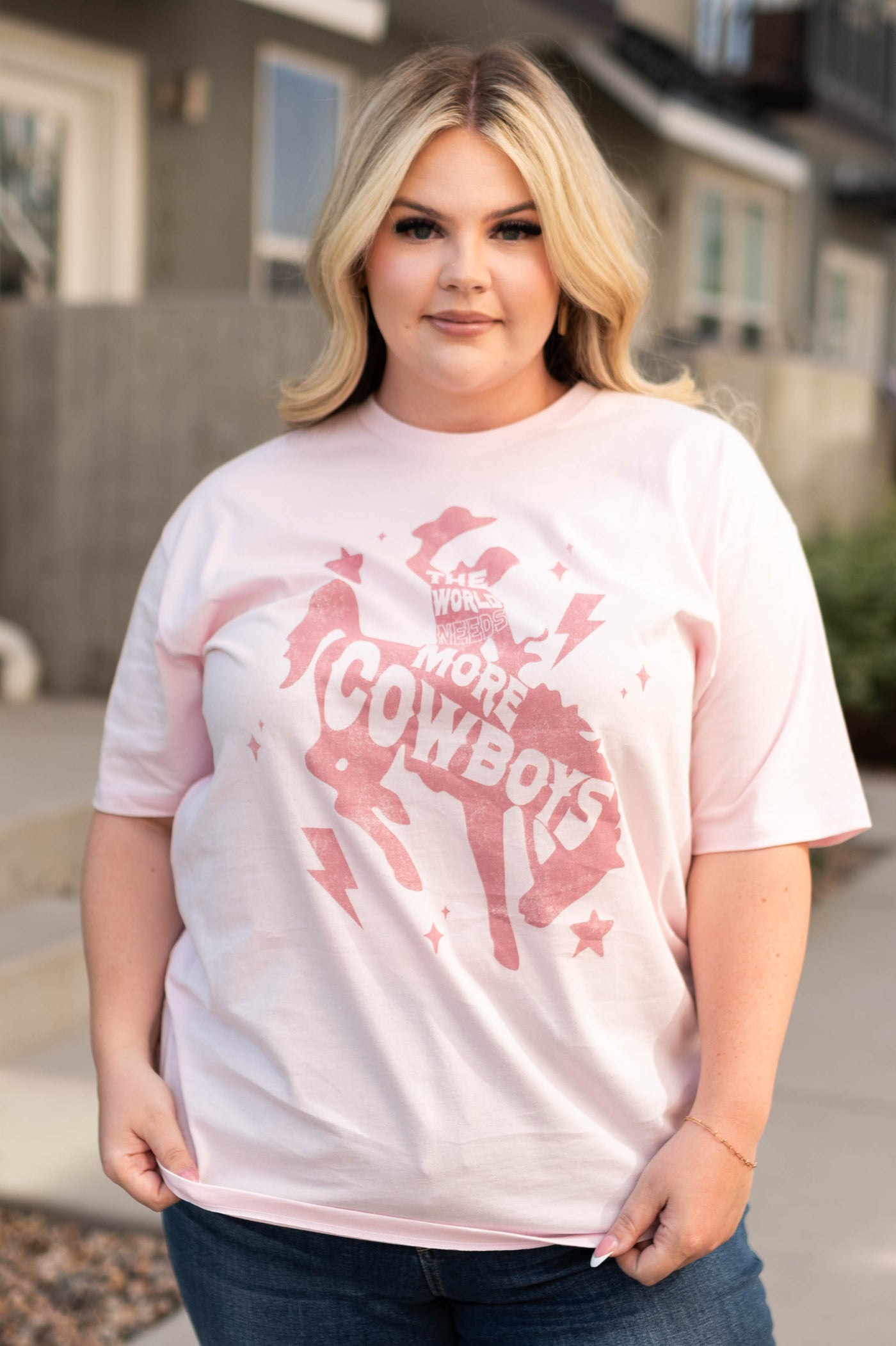 Plus size the world needs pink tee with short sleeves and a horse