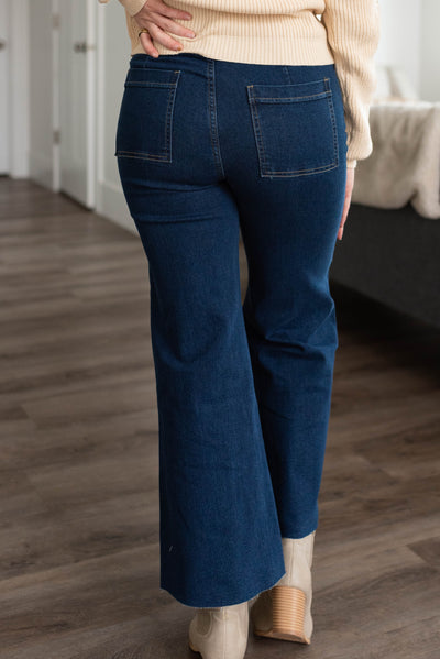 Back view of the dark denim wide leg pants