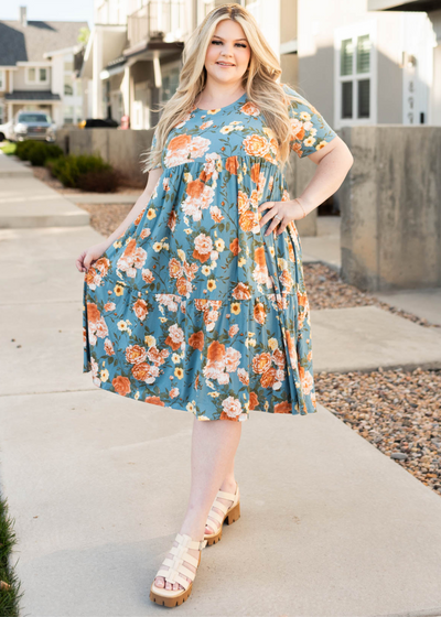 Plus size denim tiered dress with short sleeves