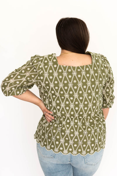 Plus size floral olive top with cream pattern