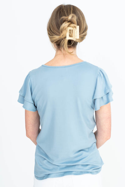 Back view of a blue top