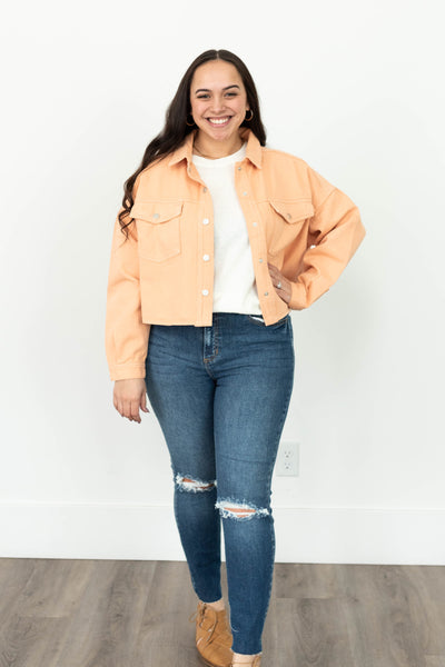 Orange jean jacket with long sleeves