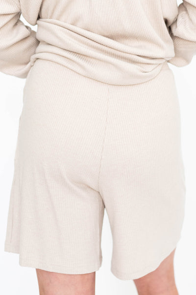 Back view of taupe shorts