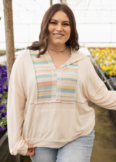 Long sleeve plus size oatmeal top with a hood and front pocket