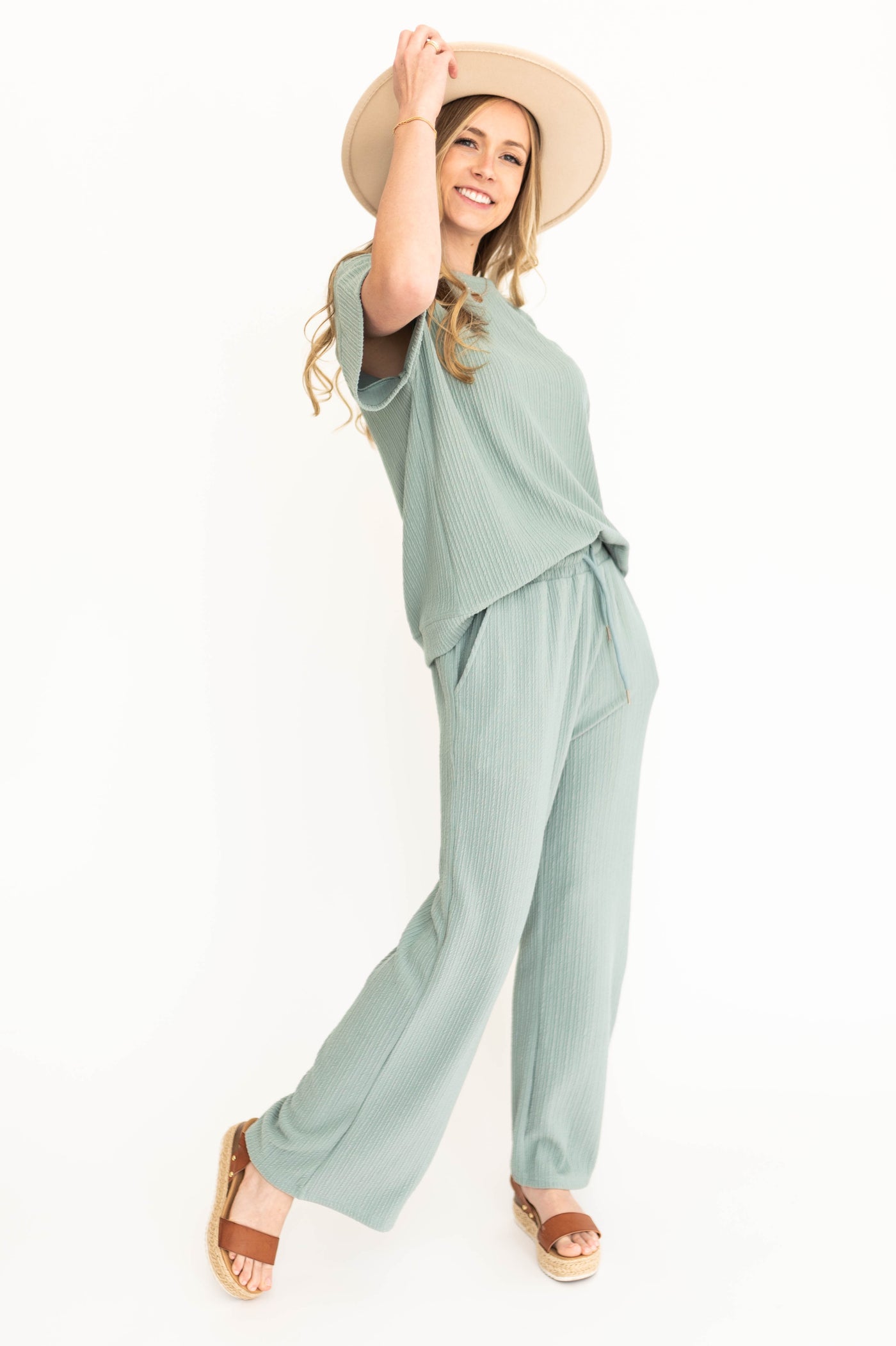Wide leg dusty sage pants that tie at the waist