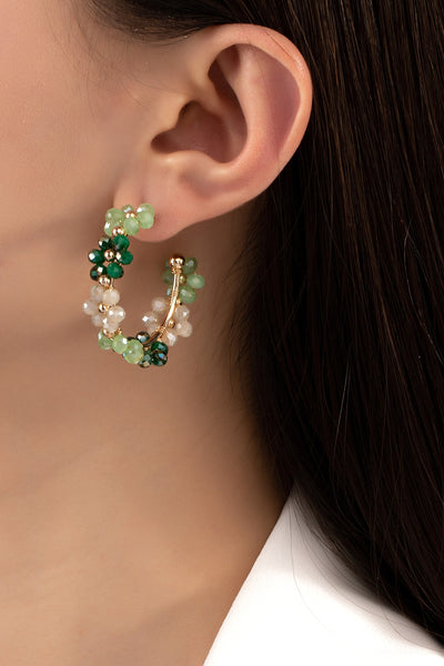 Green beaded flower hoop earrings