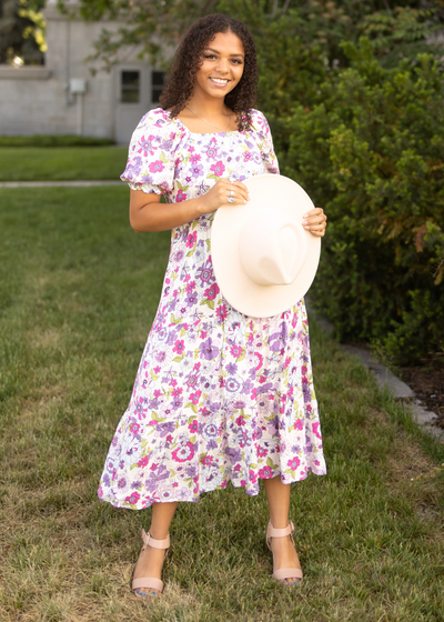 Short sleeve purple floral dress