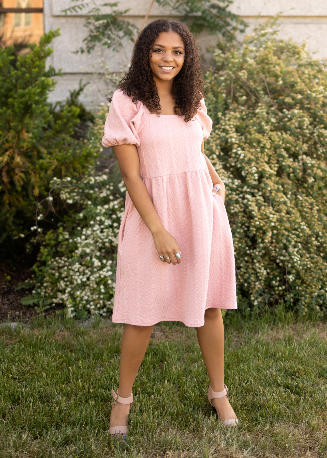 Short sleeve dusty pink knee length dress