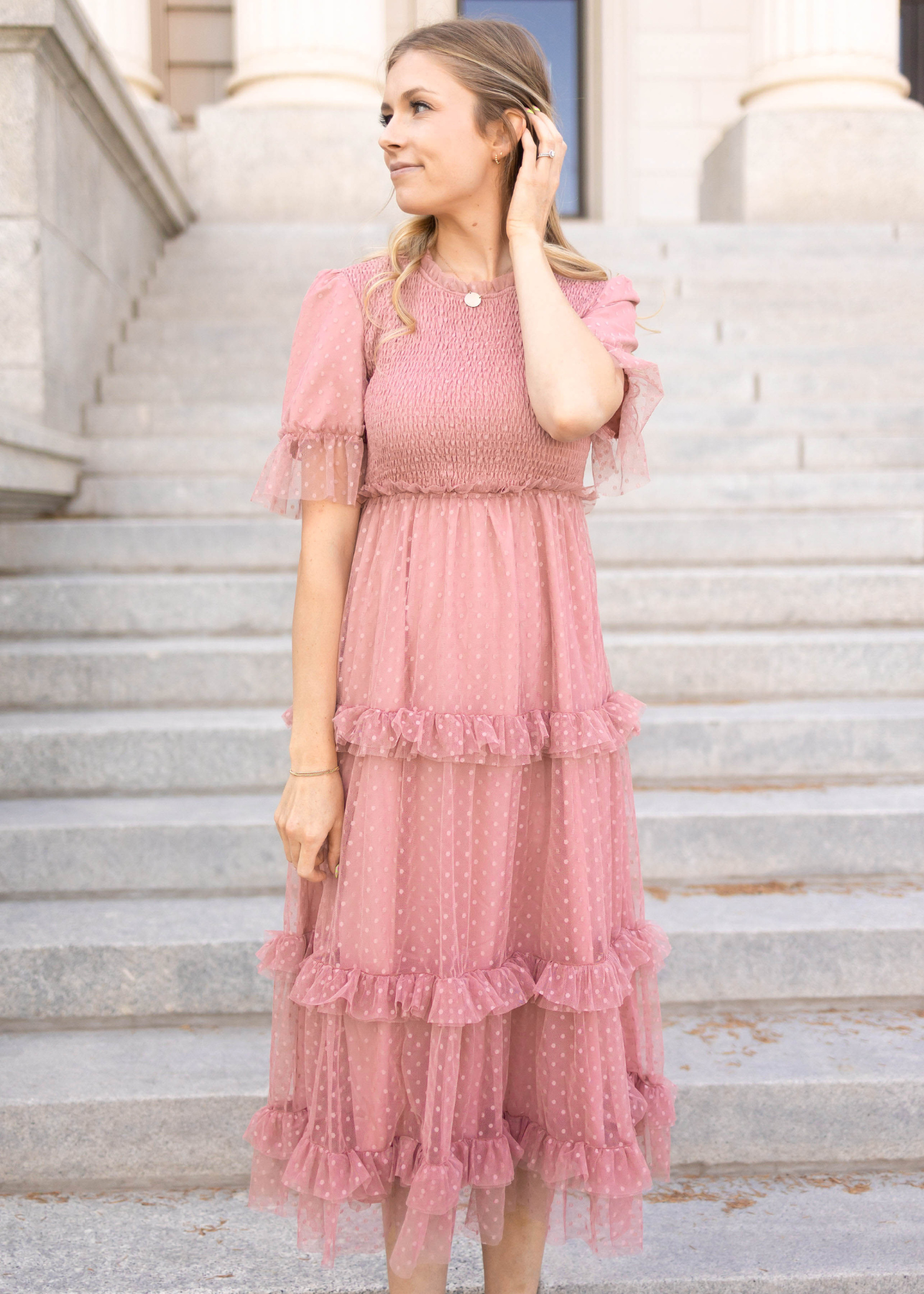 Dusty pink dress with ruffle skirt