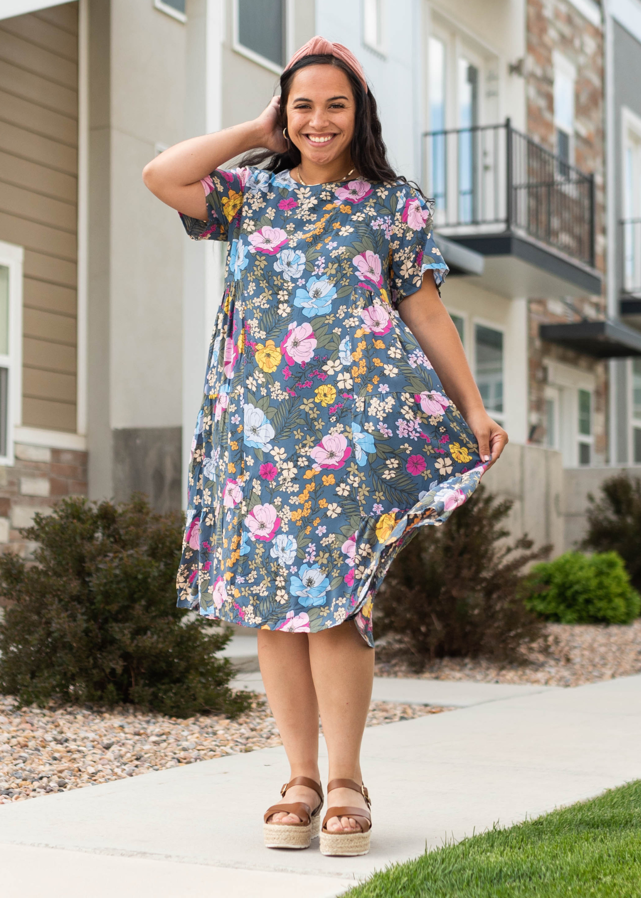 Navy floral below the knee dress