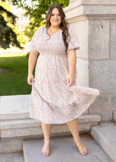 Plus size short sleeve coral floral dress
