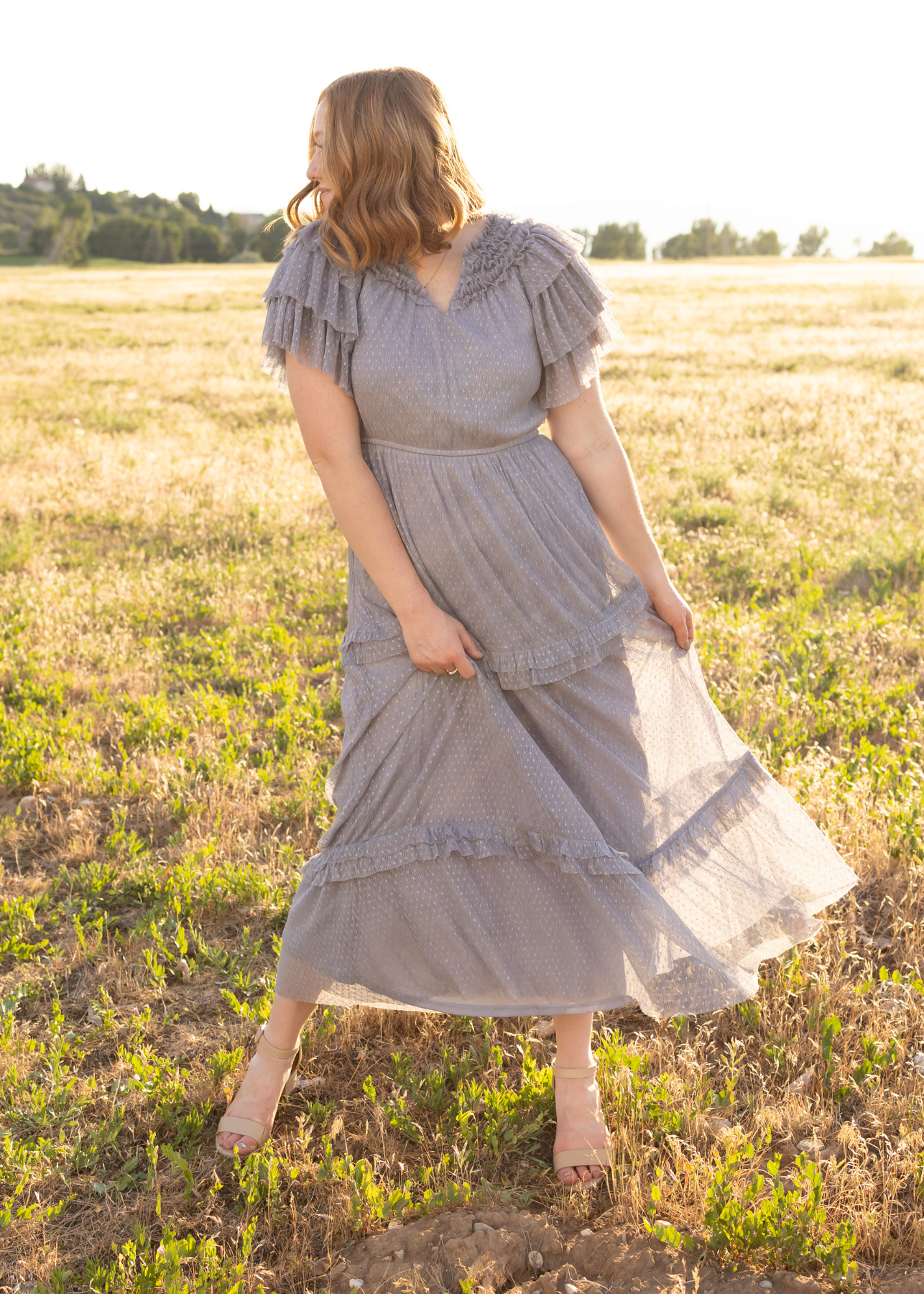 Short sleeve blue gray dress with ruffles on the sleeves