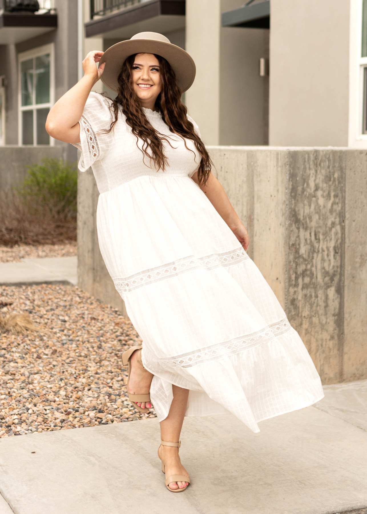 White plus size dress with lace detail and short sleeves