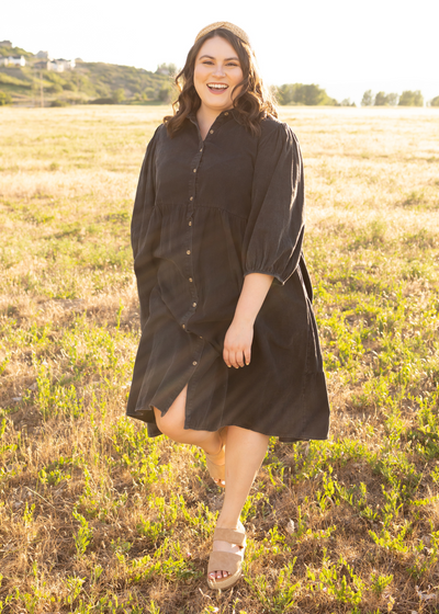 Plus size black dress with 3/4 sleeves