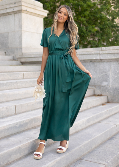 Long satin hunter green dress with short sleeves