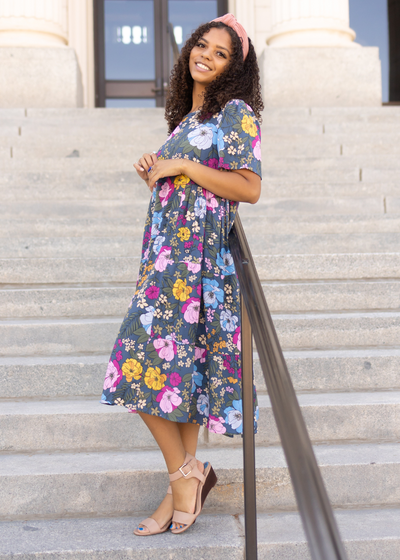 Side view of a blue floral dress