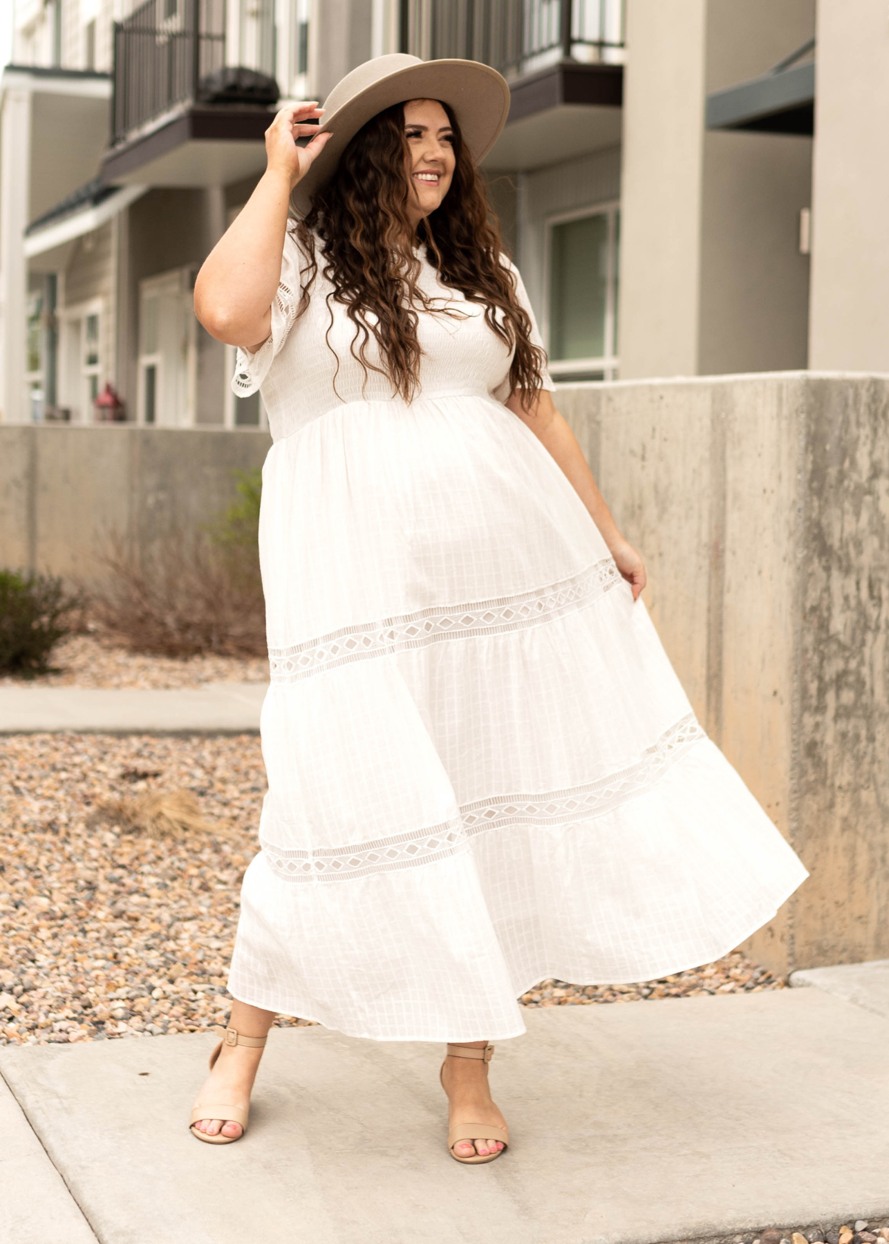Short sleeve plus size white dress with lace detail