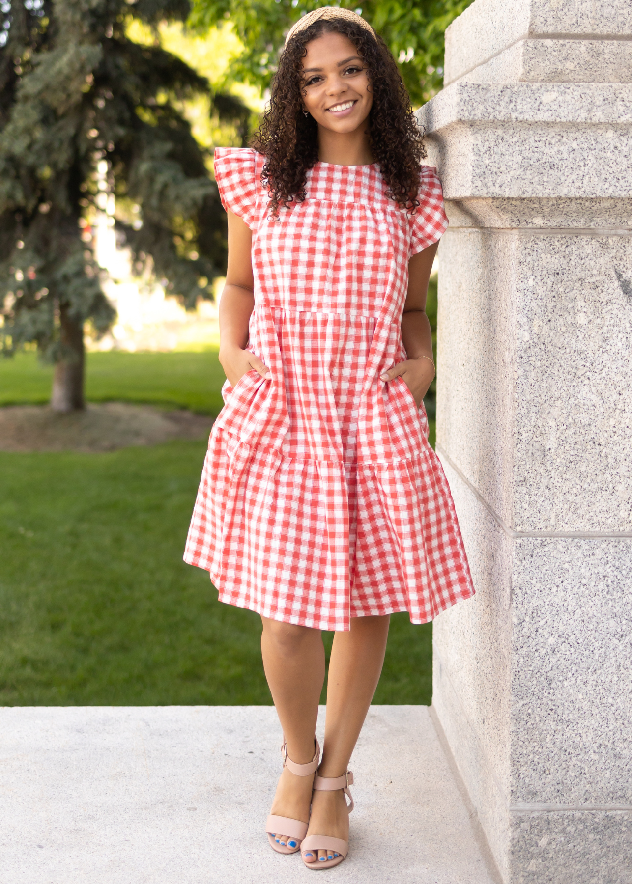 Red gingham tiered dress