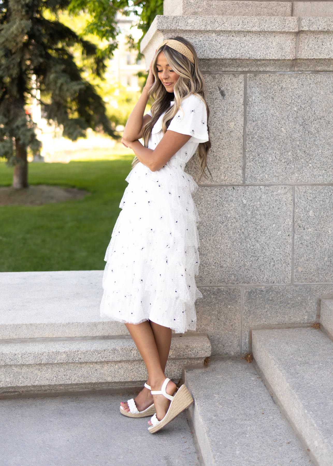 White tulle dress with ruffle skirt