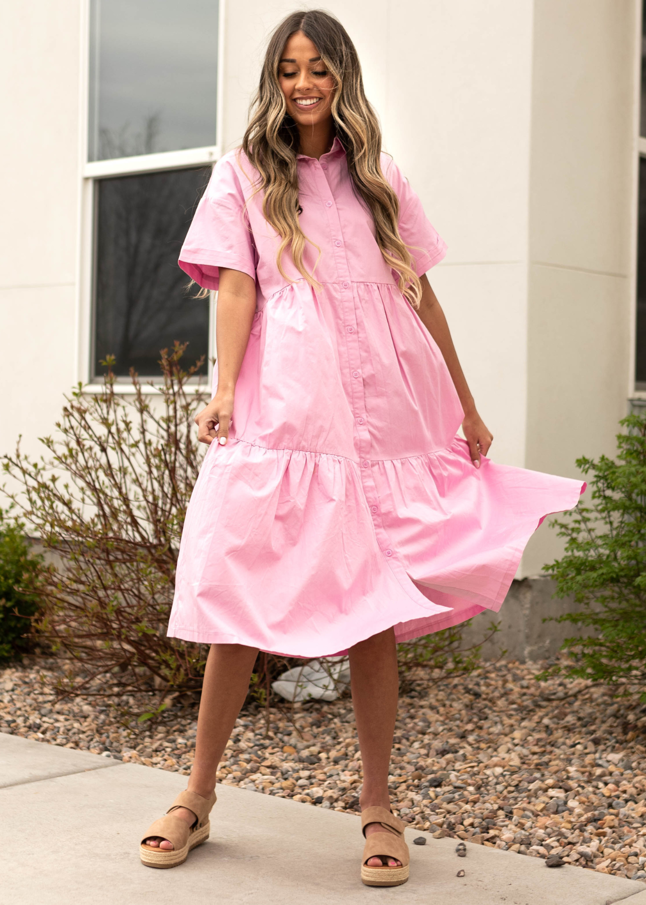 Strawberry milk pink dress with short sleeves