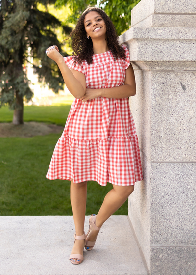 Short sleeve red gingham dress