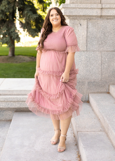 Short sleeve plus size dusty pink dress with smocked bodice