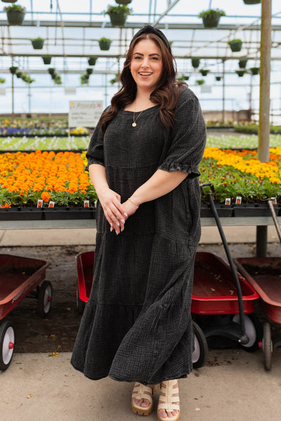 Plus size black washed tiered dress with short sleeves