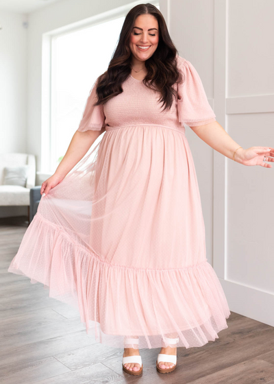 Plus size blush smocked mesh dress with ruffle on the skirt