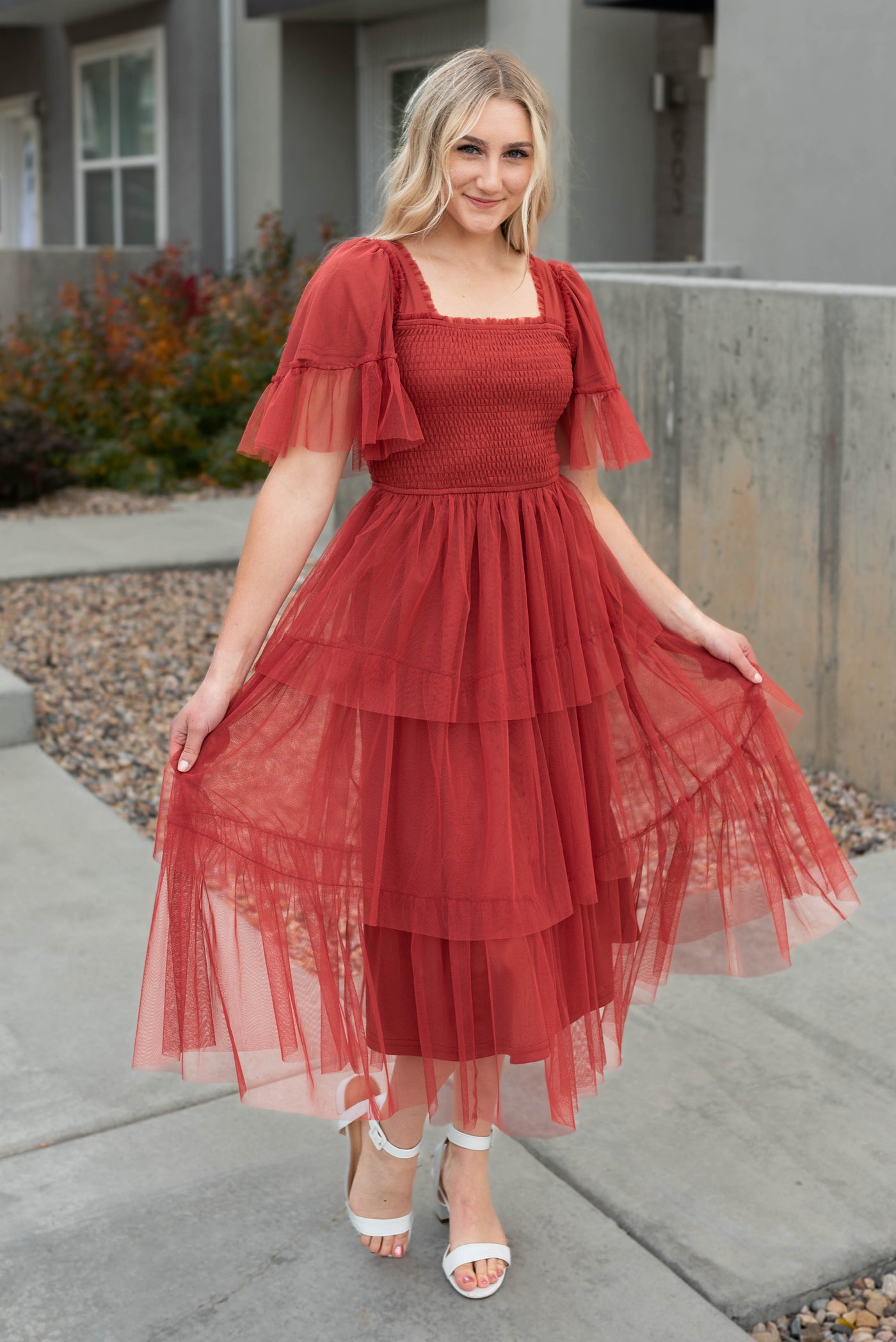 Rust ruffle dress