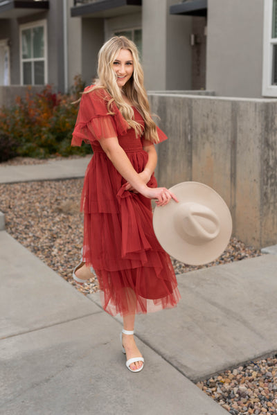 Short sleeve rust ruffle mesh dress with smocked bodice