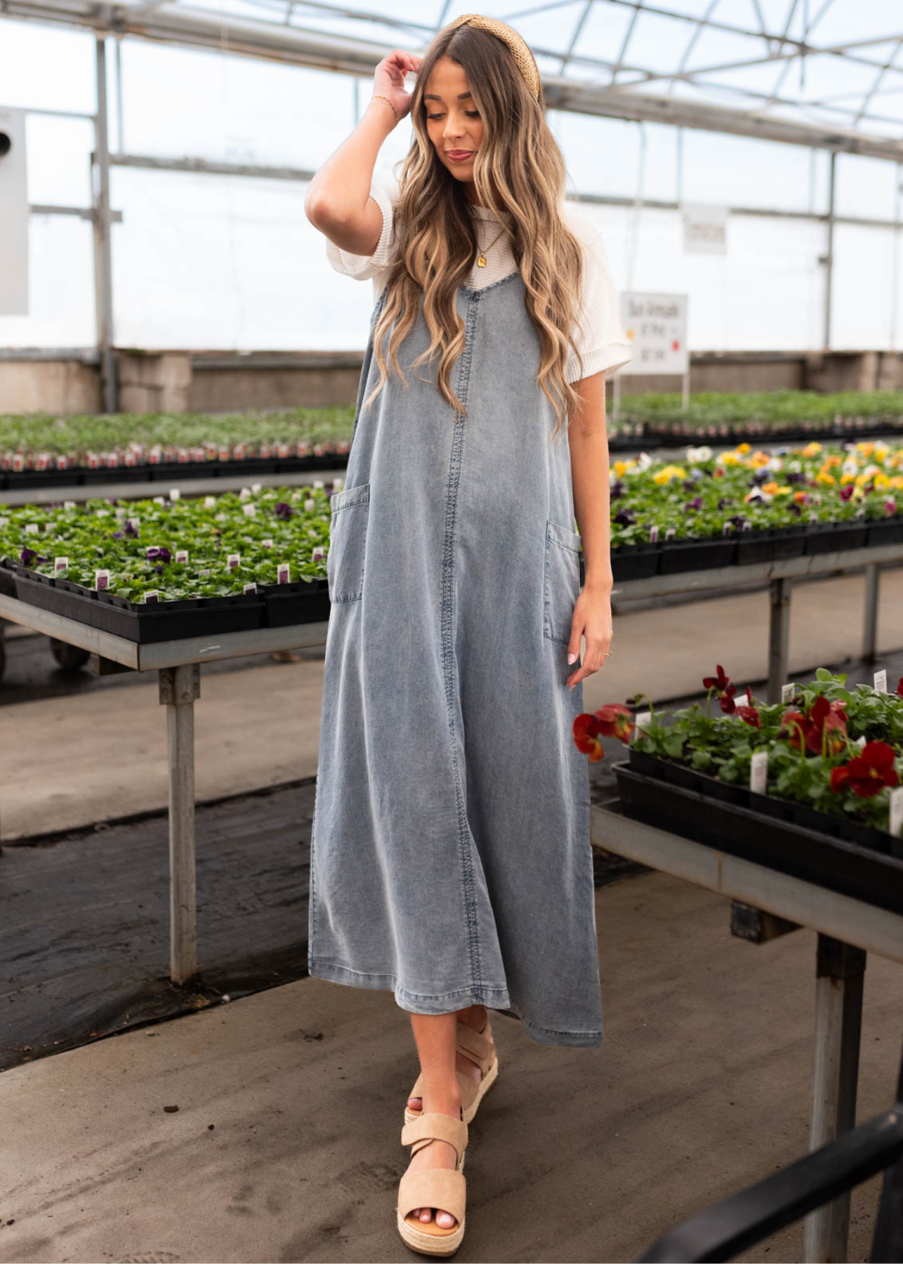 Denim blue overall dress with side pockets