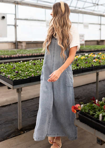 Denim blue overall dress with pockets
