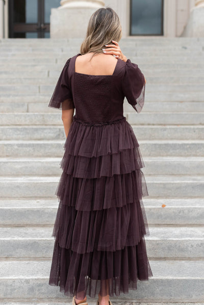 Back view of a plum sweetheart tiered dress