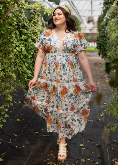 Plus size cream floral tiered dress